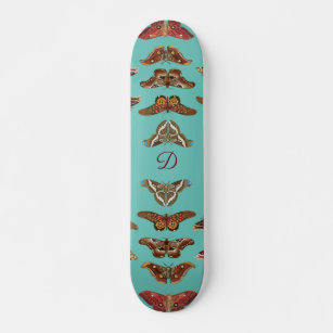 Teal Blue Vintage Butterflies Monogram Skateboard
