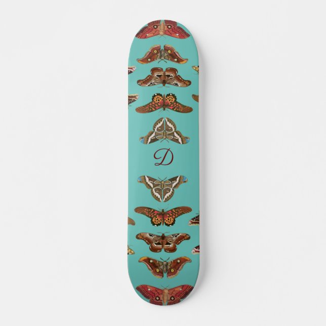 Teal Blue Vintage Butterflies Monogram Skateboard (Front)