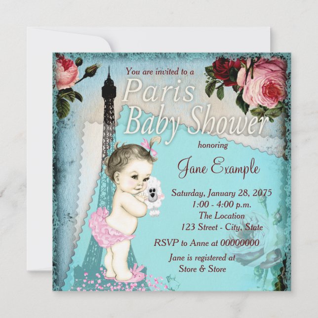 Teal Blue Vintage Paris Baby Shower Invitation (Front)