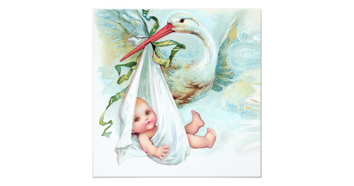 Teal Blue Vintage Stork Baby Shower Invitation | Zazzle.com