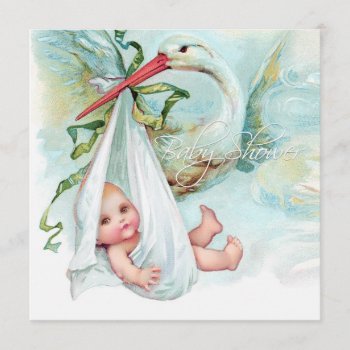 Teal Blue Vintage Stork Baby Shower Invitation by The_Vintage_Boutique at Zazzle