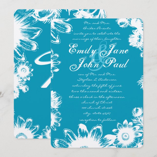 Teal Blue Vintage Wildflower Wedding Invitations (Front/Back)
