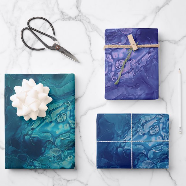 Teal Blue Violet Acrylic Pouring Fluid Art Wrapping Paper Sheets (Front)