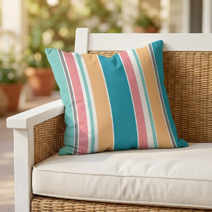 Teal Blue Warm Yellow Coral Red Gray White Stripes Outdoor Pillow