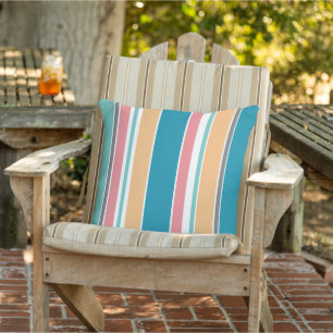 Teal Blue Warm Yellow Coral Red Gray White Stripes Outdoor Pillow