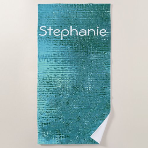 Teal Blue Water Abstract Shiny Monogrammed Name Beach Towel