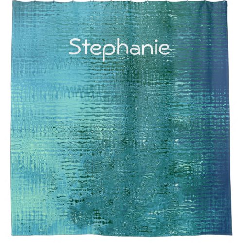 Teal Blue Water Abstract Shiny Monogrammed Name Shower Curtain