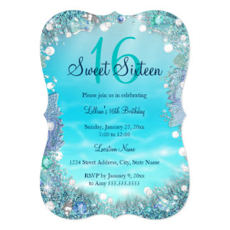 Teal Blue Water Ocean Pearls Sweet 16 Party Card