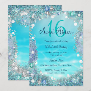 Teal Blue Water Ocean Pearls Sweet 16 Party Invitation