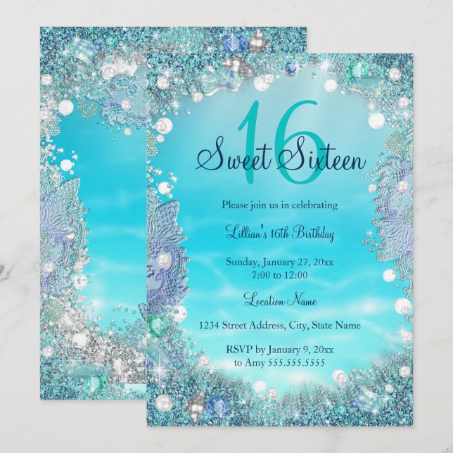 Teal Blue Water Ocean Pearls Sweet 16 Party Invitation (Front/Back)