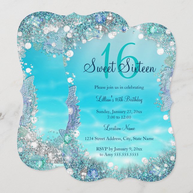 Teal Blue Water Ocean Pearls Sweet 16 Party Invitation (Front/Back)