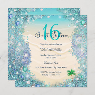 Teal Blue Water Ocean Sand Pearls Sweet 16 Party Invitation