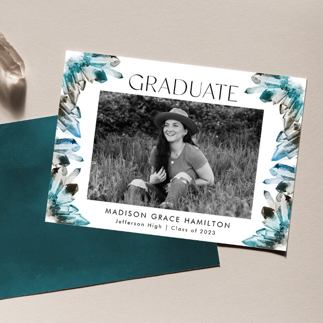 Teal Blue Watercolor Crystal Photo Graduation Announcement (Creator Uploaded)