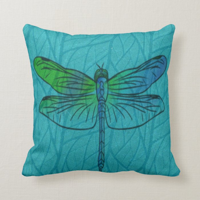 Teal Blue Watercolor Dragonfly Pillow