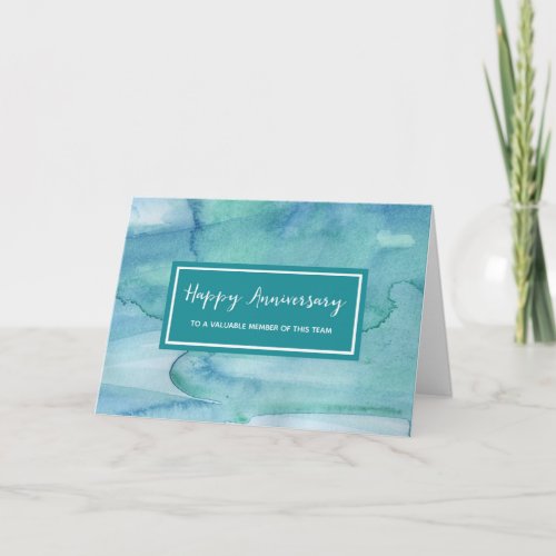 Teal Blue Watercolor Employee Anniversary Card