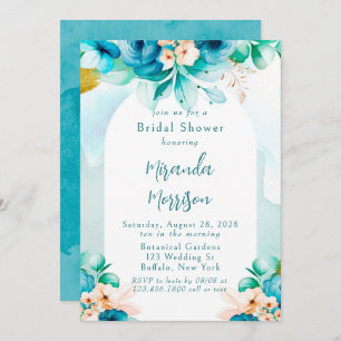 Teal Blue Watercolor Floral Arch Bridal Shower Invitation