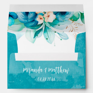 Teal Blue Watercolor Floral Geometric Wedding Envelope