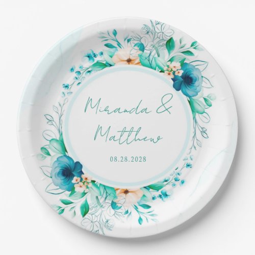 Teal Blue Watercolor Floral Geometric Wedding Paper Plates