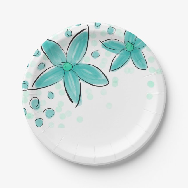 Teal Blue Watercolor Floral Pattern Paper Plates (Front)