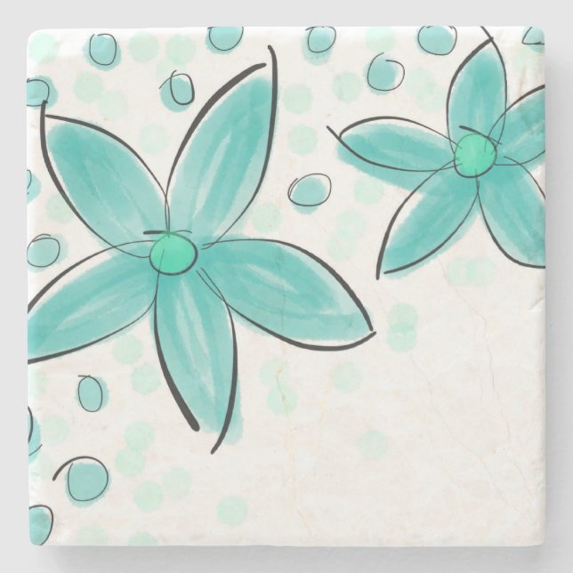 Teal Blue Watercolor Floral Pattern Stone Coaster (Front)