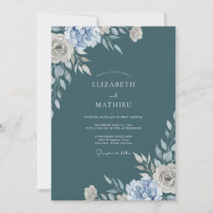 Teal Blue Watercolor Floral Wedding Invitation