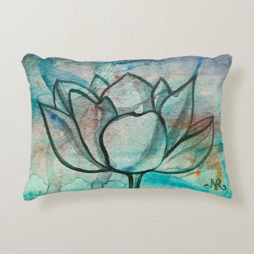    Teal Blue Watercolor Flower Elegant Artsy Lotus Accent Pillow