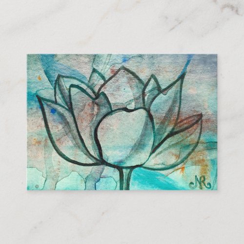    Teal Blue Watercolor Flower Elegant Artsy Lotus Business Card