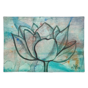 Teal Blue Watercolor Flower Elegant Artsy Lotus Cloth Placemat