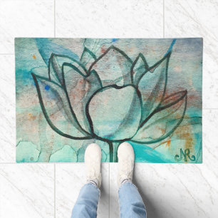Teal Blue Watercolor Flower Elegant Artsy Lotus Doormat