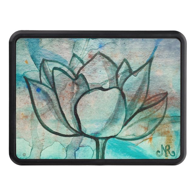    Teal Blue Watercolor Flower Elegant Artsy Lotus Hitch Cover (Front)
