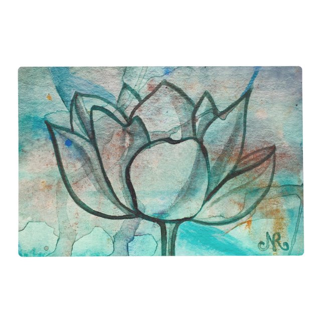    Teal Blue Watercolor Flower Elegant Artsy Lotus Placemat (Front)