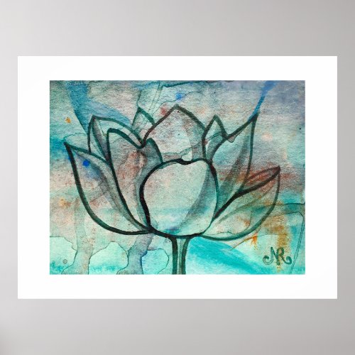    Teal Blue Watercolor Flower Elegant Artsy Lotus Poster