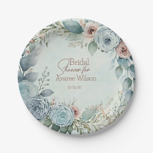 Teal Blue Watercolor Flowers Shower Paper Plates