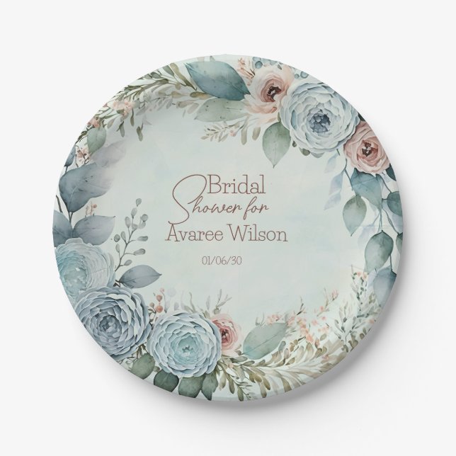 Teal Blue Watercolor Flowers Shower Paper Plates (Front)