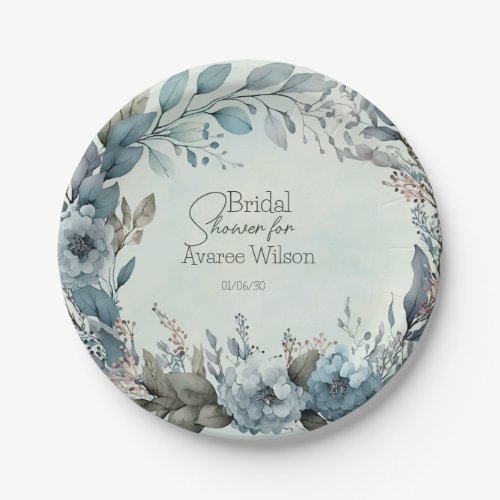 Teal Blue Watercolor Flowers Shower Paper Plates