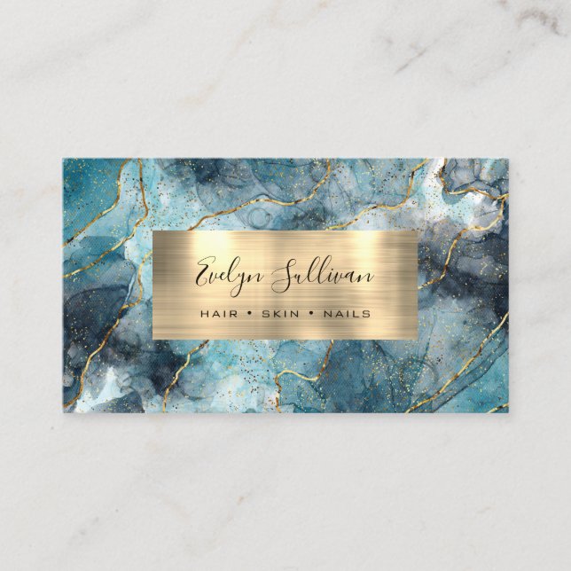 teal blue Watercolor Gold Veins Business Card (Front)