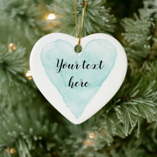 Teal blue watercolor heart painting Christmas Ceramic Ornament