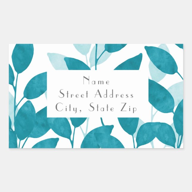 Teal Blue Watercolor Leaves Labels (Front)