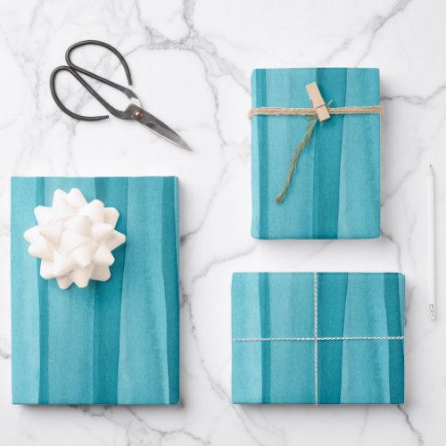 Teal Blue Watercolor Lines Pattern Wrapping Paper Sheets