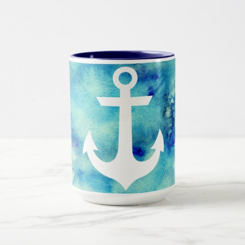 Teal Blue Watercolor Nautical Anchor Two_Tone Cof Mug