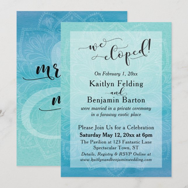 Teal Blue Watercolor Ombre Mandala We Eloped Invitation (Front/Back)
