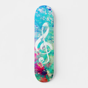 Teal Blue Watercolor Paint Music Note Treble Clef Skateboard