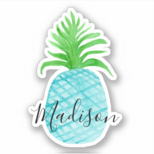 Teal Blue Watercolor Pineapple Name Sticker
