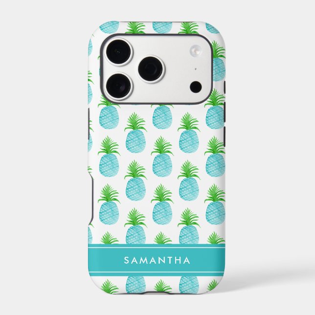 Teal Blue Watercolor Pineapple Personalized Case-Mate iPhone Case (Back)
