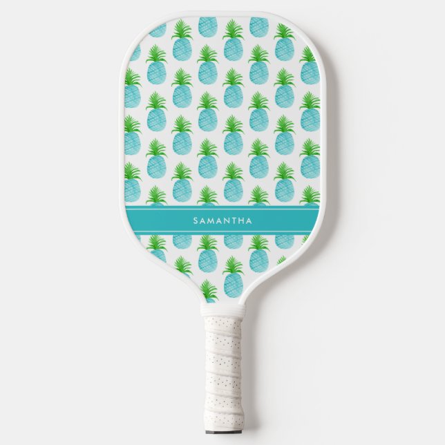 Teal Blue Watercolor Pineapple Personalized Name Pickleball Paddle (Front)