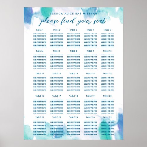 Teal Blue Watercolor Tie Dye Bat Mitzvah Seating Poster