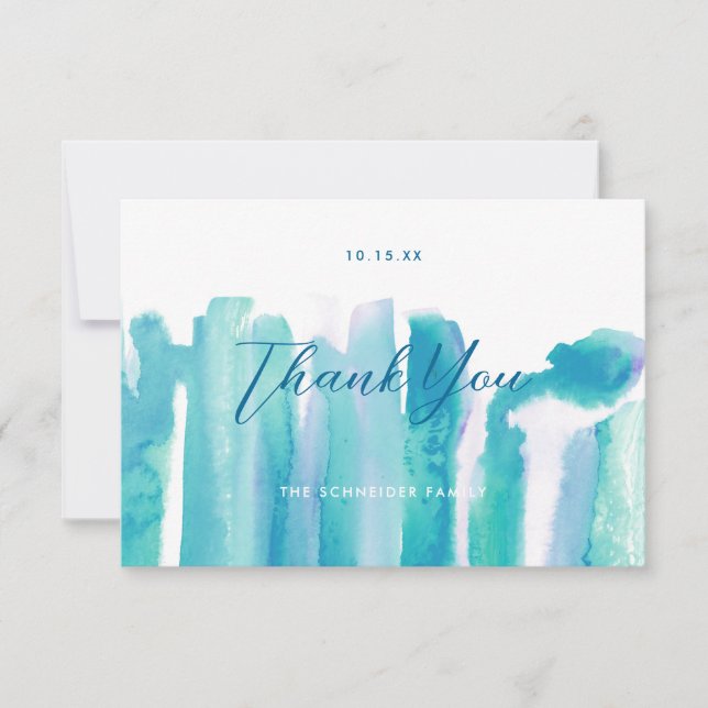 Teal Blue Watercolor Tie Dye Thank You Photo II Card (Front)