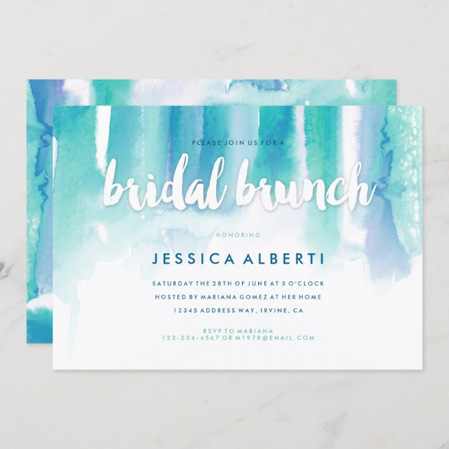 Teal Blue Watercolor Wash Bridal Brunch Invitation (Front/Back)