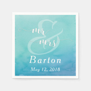 Teal & Blue Watercolor Wedding Mr & Mrs Typography Napkins