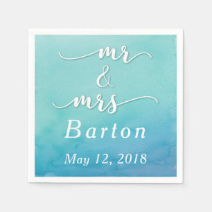 Teal & Blue Watercolor Wedding Mr & Mrs Typography Paper Napkins